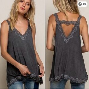 POL Bluish Grey Lace Trim Flowy Tank NWOT 🌴